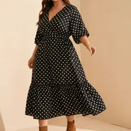 TASHVIKA'S Polka Dot Print Flutter Sleeve Crepe A-Line Midi Dress-image-4