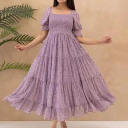 Attire Empire Printed Puff Sleeve Smocked Tiered Georgette Fit & Flare Midi Dress-image-32