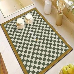 HOUSE OF QUIRK Green & Beige Checked Rectagular Kitchen Dish Drying Mat-image-86