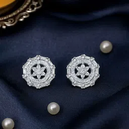 Nipura 925 Sterling Silver Rhodium-Plated CZ Studded Floral Shaped Studs-picture-26