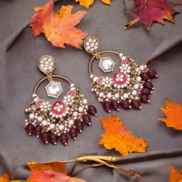 Anouk Gold-Plated Artificial Stones Studded & Beaded Floral Shaped Drop Earrings-image-87