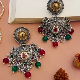 Anouk Silver-Plated Stones Studded And Pearls Beaded Peacock Oxidised Drop Earrings-image-46