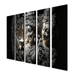 RANDOM Vinyl Grey & Black 5 Piece Radha Krishna Religious Canvas Wall Paintings image 3