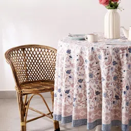 HANDICRAFT PALACE White & Pink Printed Cotton Round 6-Seater Table Cover With Napkin Set image 5