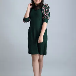 STARWORD Girls Green Round Neck Puff Sleeve Sheath Dress-picture-34