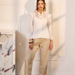 DELAN Schiffli Ruffles Bell Sleeves Pure Cotton Shirt Style Top-image-1