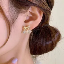 Estailo fashion Artificial Stones Studded & Beaded Bow Shaped Studs image 4