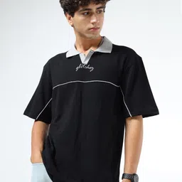 glitchez Typography Printed Polo Collar Drop-Shoulder Sleeves Oversized T-shirt-picture-40