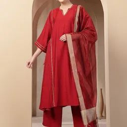 House Of Zelena Women Regular Pure Cotton Kurta with Trousers & With Dupatta-image-57