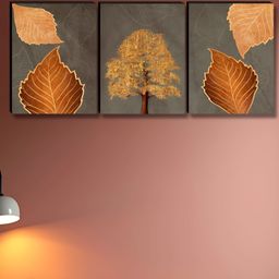 SAF Grey & Brown 3 Pieces Tree & Leafs Wood Wall Art-picture-1