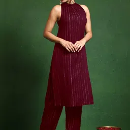 all about you Women Striped Regular Silk Crepe Kurta with Trousers image 4