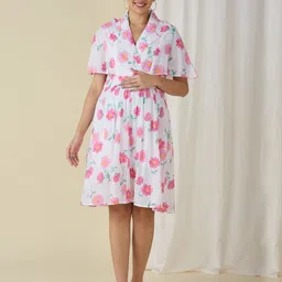 MeeMee Floral Print Shirt Coller Flared Sleeve Maternity Fit & Flare Dress-picture-43