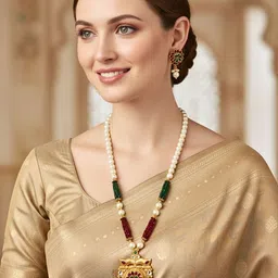 Anouk Gold-Plated Kundan-Studded And Pearls Beaded Rajwadi Long Necklace And Earrings-image-46
