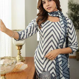 KALINI Women Chevron Printed Kurta with Palazzo & Dupatta image 5
