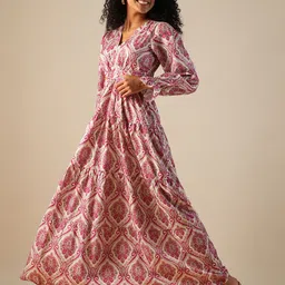 Globus Women Ethnic Motifs Printed Bishop Sleeve Fit & Flare Maxi Dress-picture-18