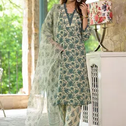KALINI Women Floral Printed Regular Pure Cotton Kurta with Trousers & With Dupatta-image-58