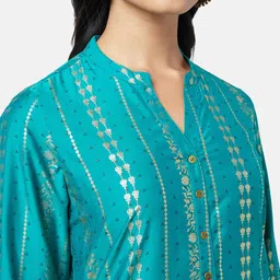 RANGMANCH BY PANTALOONS Women Teal Printed Rolled- Up Sleeves Straight Kurta image 3