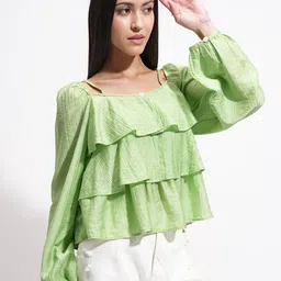 ESPYR By Tokyo Talkies Women Textured Self Design Puff Sleeves Layered A-Line Regular Top-picture-26