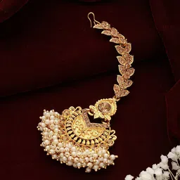 Jazz and Sizzle Gold-Plated Stones-Studded and Beaded Maang Tikka image 2