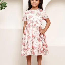 JAKANARY Girls Round Neck Floral Print Puff Sleeve Fit & Flare Dress-picture-18