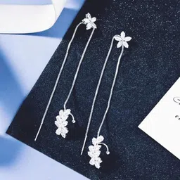 DressBerry Korean Silver-Plated Cubic Zirconia Studded Floral Shaped Drop Earrings-image-39