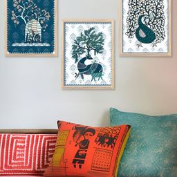 Kotart Teal Blue & White 3 Pieces Wooden Birds and Animals Madhubani Wall Arts-picture-34