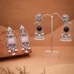 Sangria Set Of 2 Silver-Plated Artificial Stones Studded and Beads Beaded Drop Earrings-picture-38