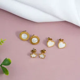 ARTKLIM Set of 3 Stainless Steel Gold-Plated Mother of Pearls Beaded Circular Shaped Studs image 4