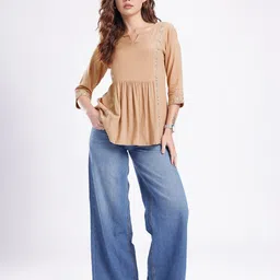 fusion by glitchez Floral Embroidered Gathers A-line Kurti image 2