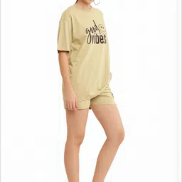 PRIYA POINT Women Typography Printed Round Neck Pure Cotton T-shirt & Shorts image 3