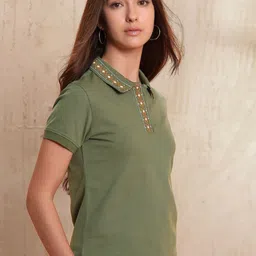 U.S. Polo Assn. Women Solid Polo Collar Cotton T-shirt image 3