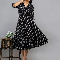 ANEEMA Women Cotton Geometric Print Fit and Flared Midi Dress image 5