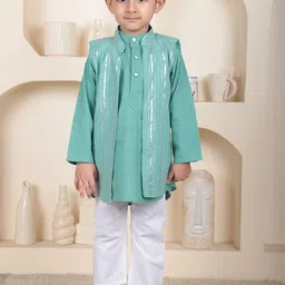 Polka Tots Kids Striped Embellished Pure Cotton Kurta with Pyjamas With Jacket-image-31