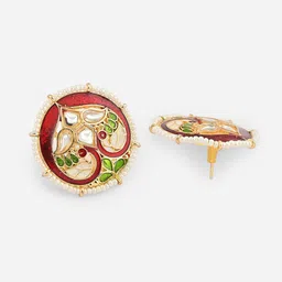 Fida Gold-Plated Stones Studded & Pearls Beaded Meenakari Peacock Circular Shaped Studs image 2