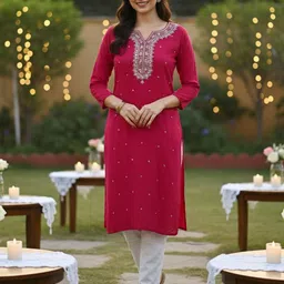 Maaesa Women Floral Embroidered Notch Neck Straight Kurta-picture-23