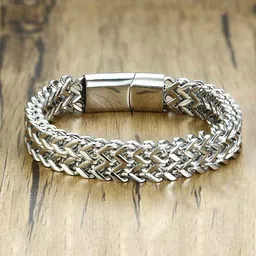 Yellow Chimes Men Silver Tone Stainless Steel Double Layered Chain Bracelet image 4