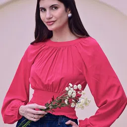 DL Woman Solid Smocking Round Neck Cotton Blouson Top-image-0