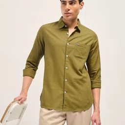 THE BEAR HOUSE Men Slim Fit Solid Spread Collar Casual Cotton Linen Shirt-picture-40