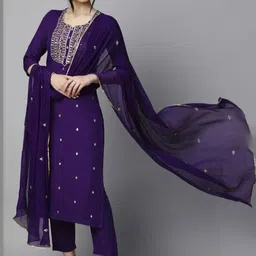 ANJIKI Women Ethnic Motifs Embroidered Regular Thread Work Kurta with Trousers & With Dupatta image 5