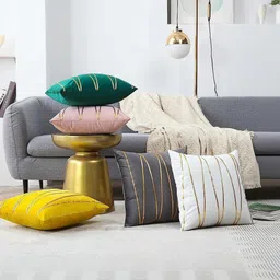 Vinayaka Fab Grey & Gold-Toned Set of 2 Striped Velvet Square Cushion Covers image 5