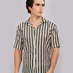 Kolor Fusion Men Relaxed Fit Vertical Striped Cuban Collar Cotton Casual Shirt-picture-29