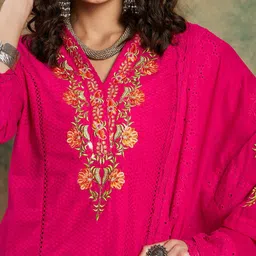 Sangria Pink Woven Design Thread Work Detail Pure Cotton Kurta & Trouser With Dupatta image 2