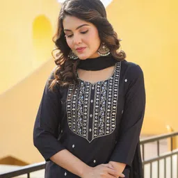 KALINI Embroidered Straight Kurta with Trousers & With Dupatta image 2