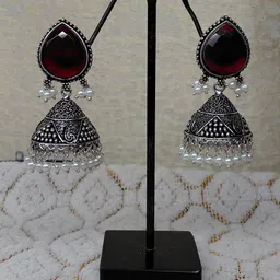 Nirmay Creation Silver-Plated Stones Studded And Beaded Dome Shaped Oxidised Jhumkas image 2
