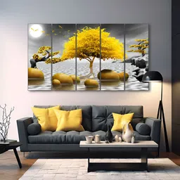 The Castle Decor Yellow & Grey 5 Pieces Nature Wooden Wall Arts-image-41