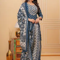 SHOBHIT Women Ethnic Motifs Printed Regular Thread Work Kurta with Sharara & With Dupatta image 4