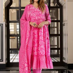 KALINI Women Floral Printed Cotton Kurta with Churidar & Dupatta-image-25