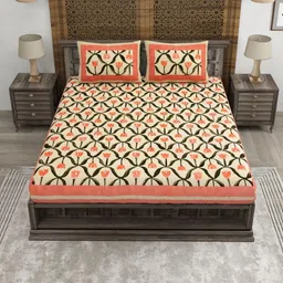 CLOTHOLOGY Cream-Coloured & Cream-Coloured Floral 180 TC King Bedsheet with 2 Pillow Covers image 4