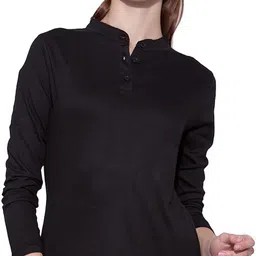 ap'pulse Women Solid Mandarin Collar Pure Cotton Black T-Shirt-picture-18