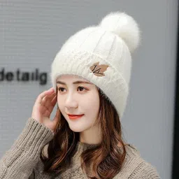 highever Women's stylish winter woolen cap soft warm fur inside pom-pom on top for girls Woven Beanie-picture-17
